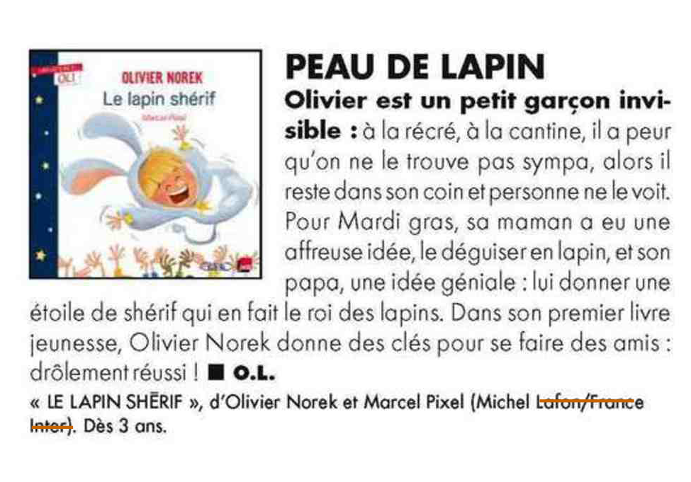 OLI - Le lapin shérif - Olivier Norek - Marcel Pixel - Elle mag