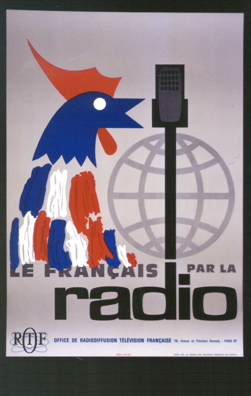 Affiche ORTF "Le Français par la radio", années 1970. Séries d’émissions en 31 langues et à destination de 118 pays