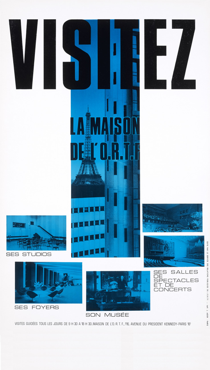Affiche ORTF "Visitez la Maison de l’ORTF" destinée aux auditeurs curieux des coulisses de la radio et de la télévision, vers 1970