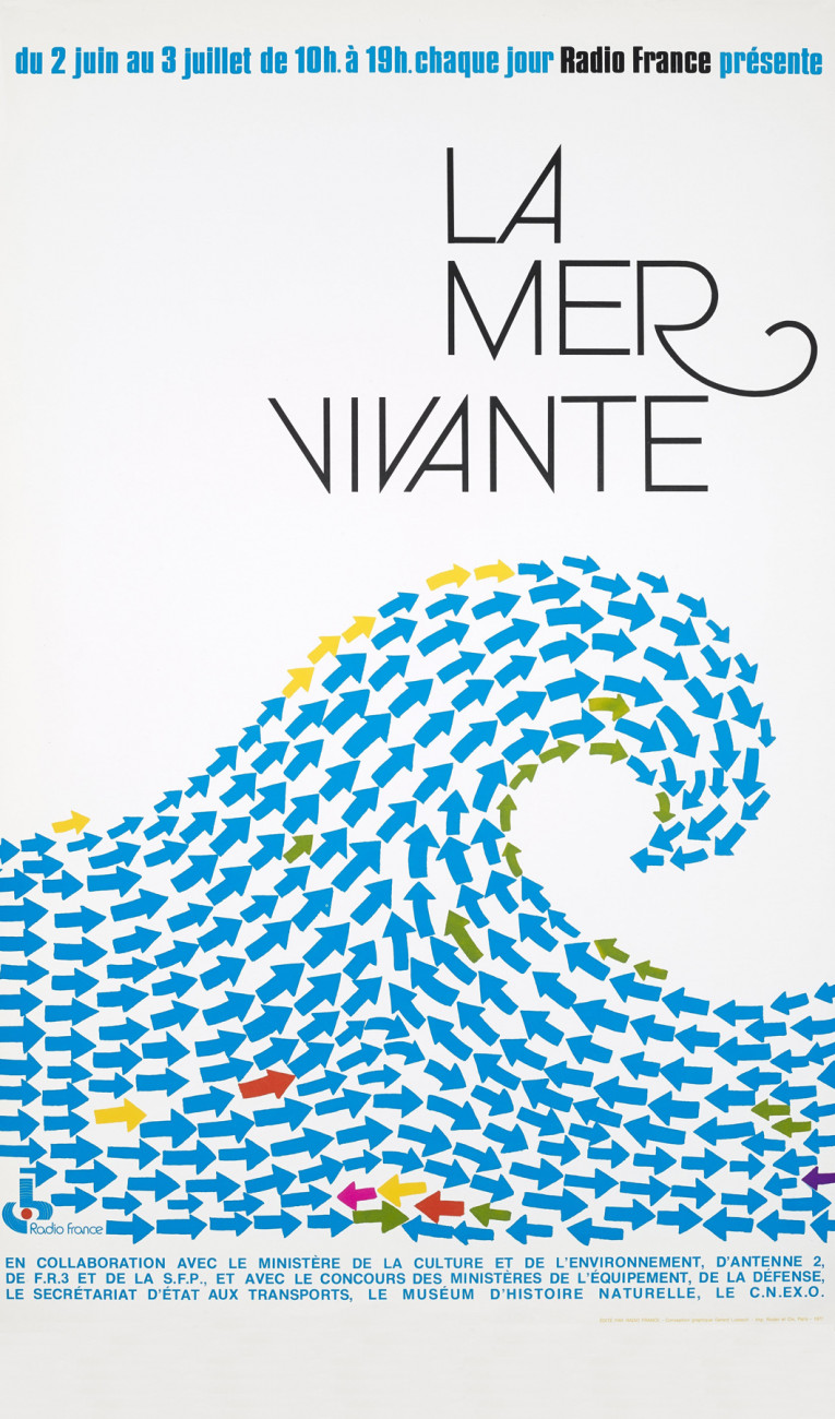 Affiche Radio France "La mer vivante", 1977, exposition organisée à Radio France sur l'importance de la mer et la nécessité de la défendre