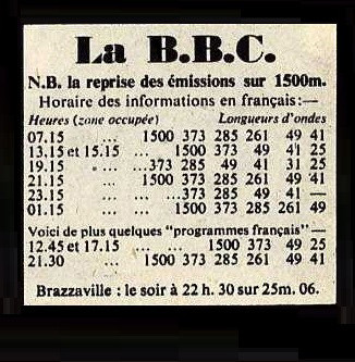 Horaire des informations en français diffusées sur la BBC, 1942