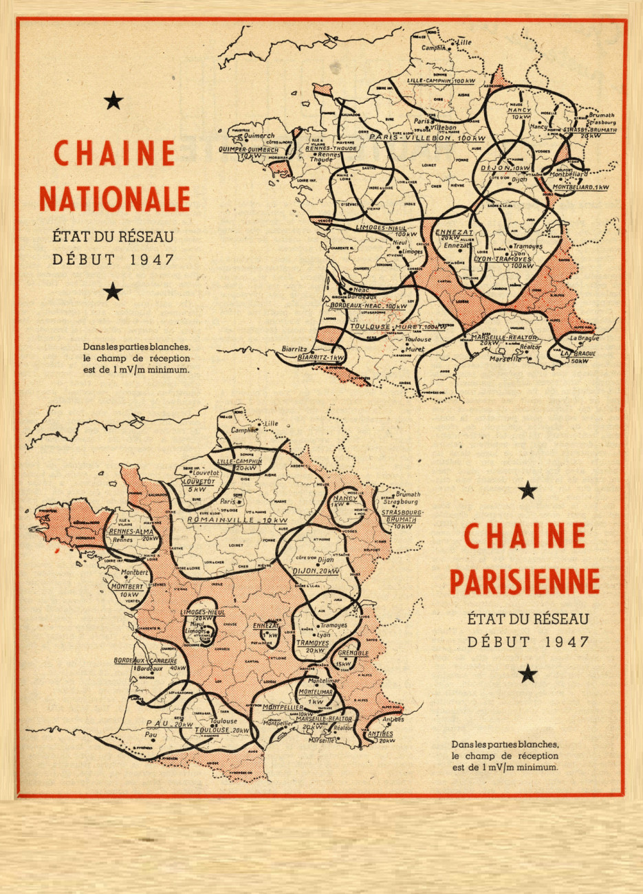 Etat du réseau début 1947 pour le Programme national et le Programme parisien. Extrait du n°115 de la revue Toute la Radio, 1947